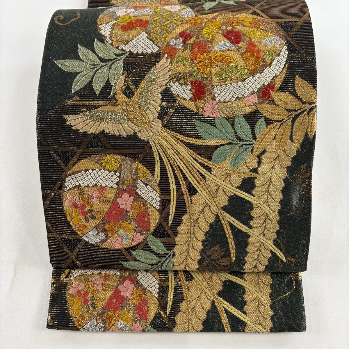 袋帯 秀品 手鞠 花鳥 金銀糸 箔 深緑 全通 正絹