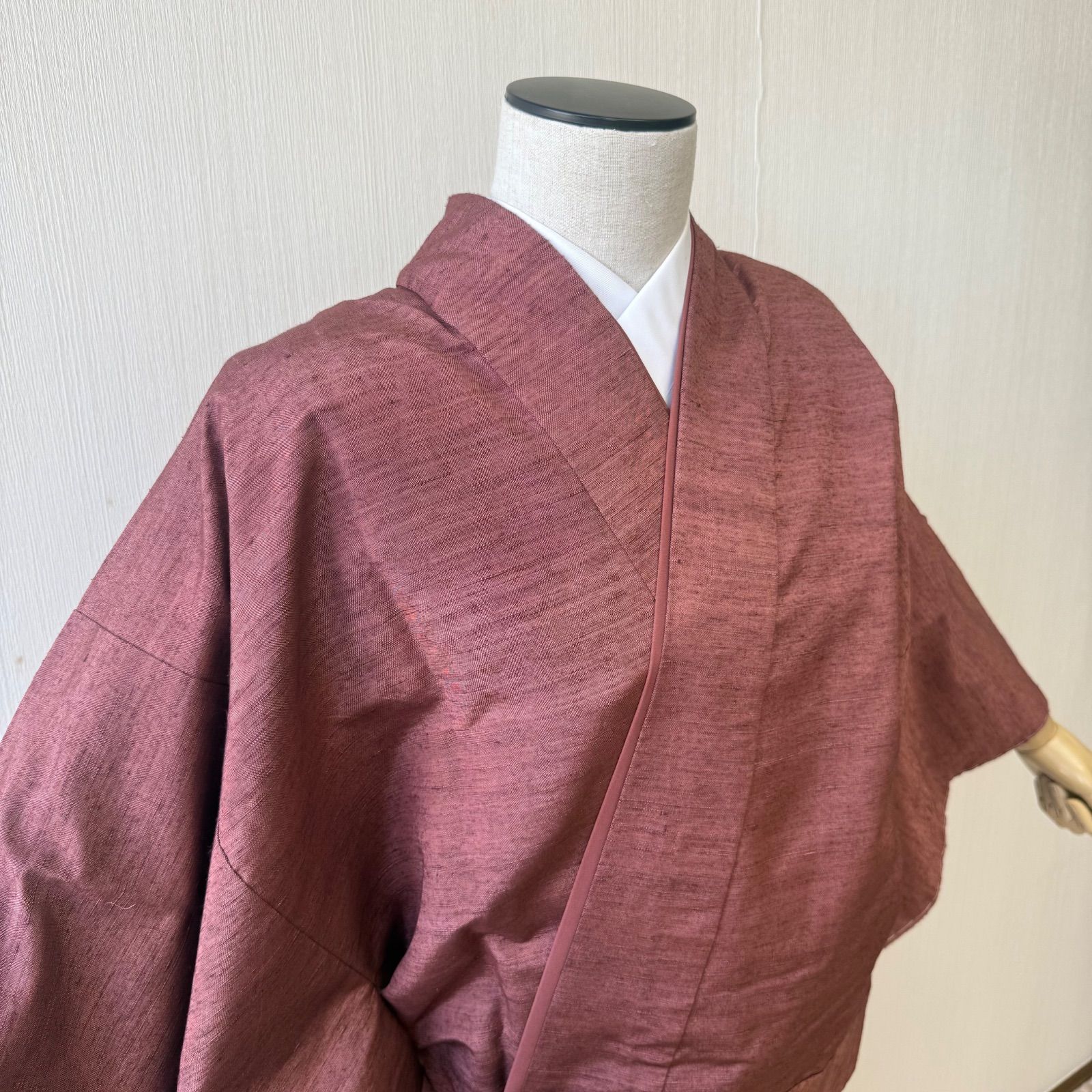 着物 二部式着物 正絹 紬 袷 二部式 濃いピンク 無地 リサイクル着物 z-557
