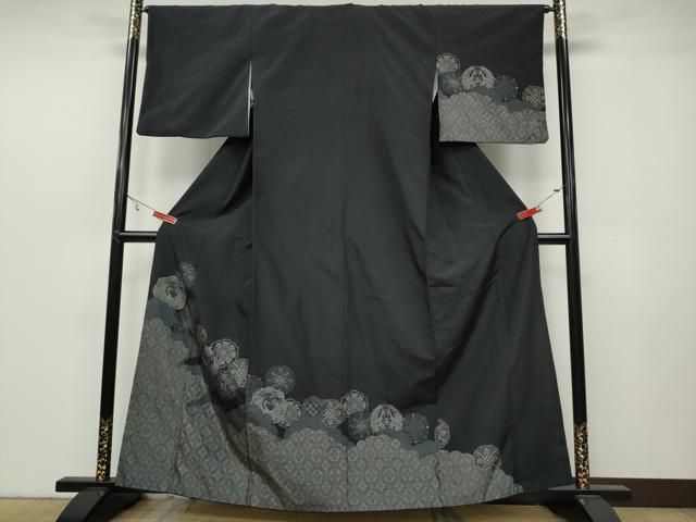 平和屋着物●訪問着　紬地　正倉院鳳凰花文　黒地　正絹　逸品　CAAY4988ut 平和屋着物○訪問着 紬地 正倉院鳳凰花文 黒地 正絹 逸品 CAAY4988ut