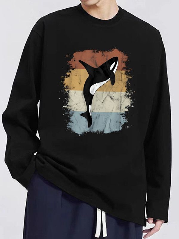 送料無料 前面プリント 100%コットン 面白い レトロ オルカ クジラ シャチのシルエット 長袖Tシャツ メンズ レディース かわいい ...
