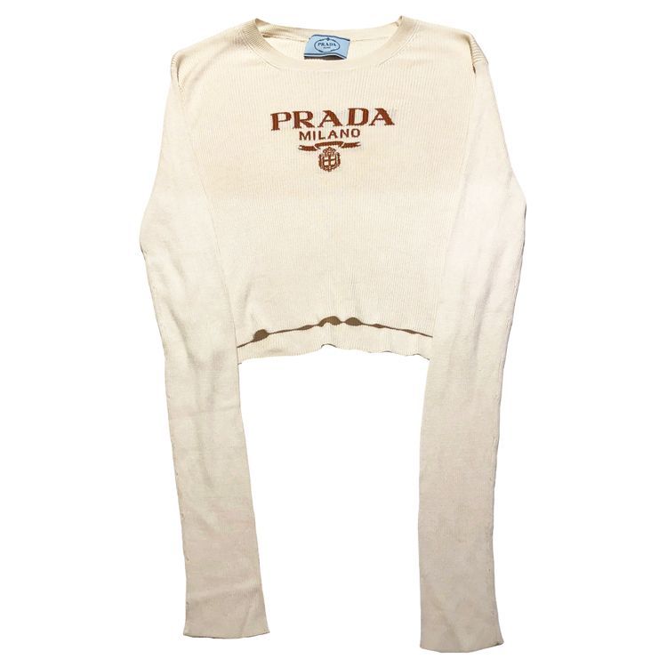 PRADA プラダ ロゴ シルク クロップド セーター size 44 Lサイズ スリムフィット リブ編み 長袖 レディース ベージュ P24S1G_11MY_F0040_S_222