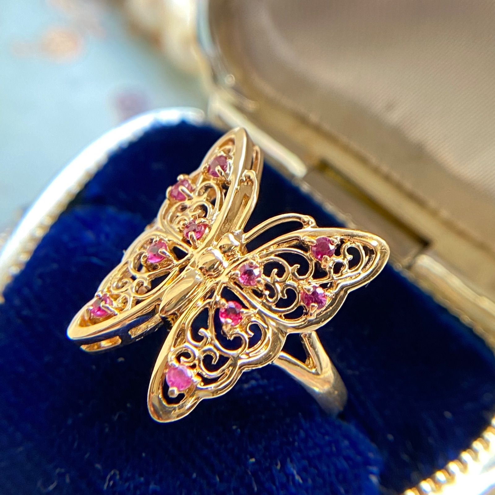 昭和レトロ】K18 バタフライ 透かし ルビー 13号 蝶 ゴールド C1682