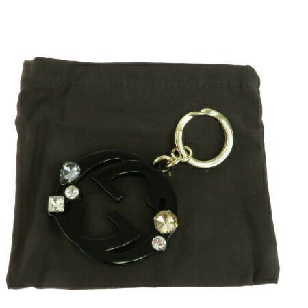 【中古】 美品 グッチ GUCCI バッグチャーム キーホルダー インターロッキング ラインストーン ブラック ゴールド プラスチック 08BG125