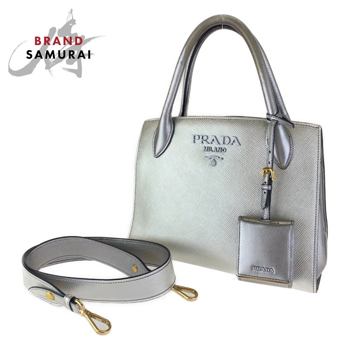 PRADA プラダ サフィアーノ モノクローム シルバー レザー 2way 