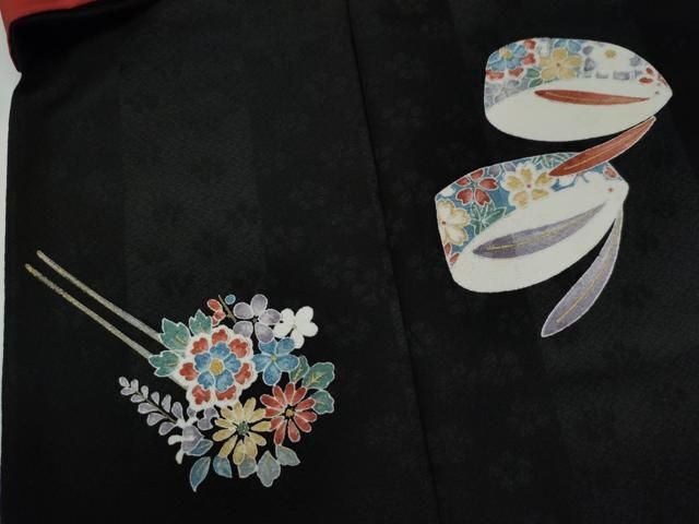 平和屋着物○豪華振袖 簪 ぽっくり下駄 黒地 金彩 正絹 逸品