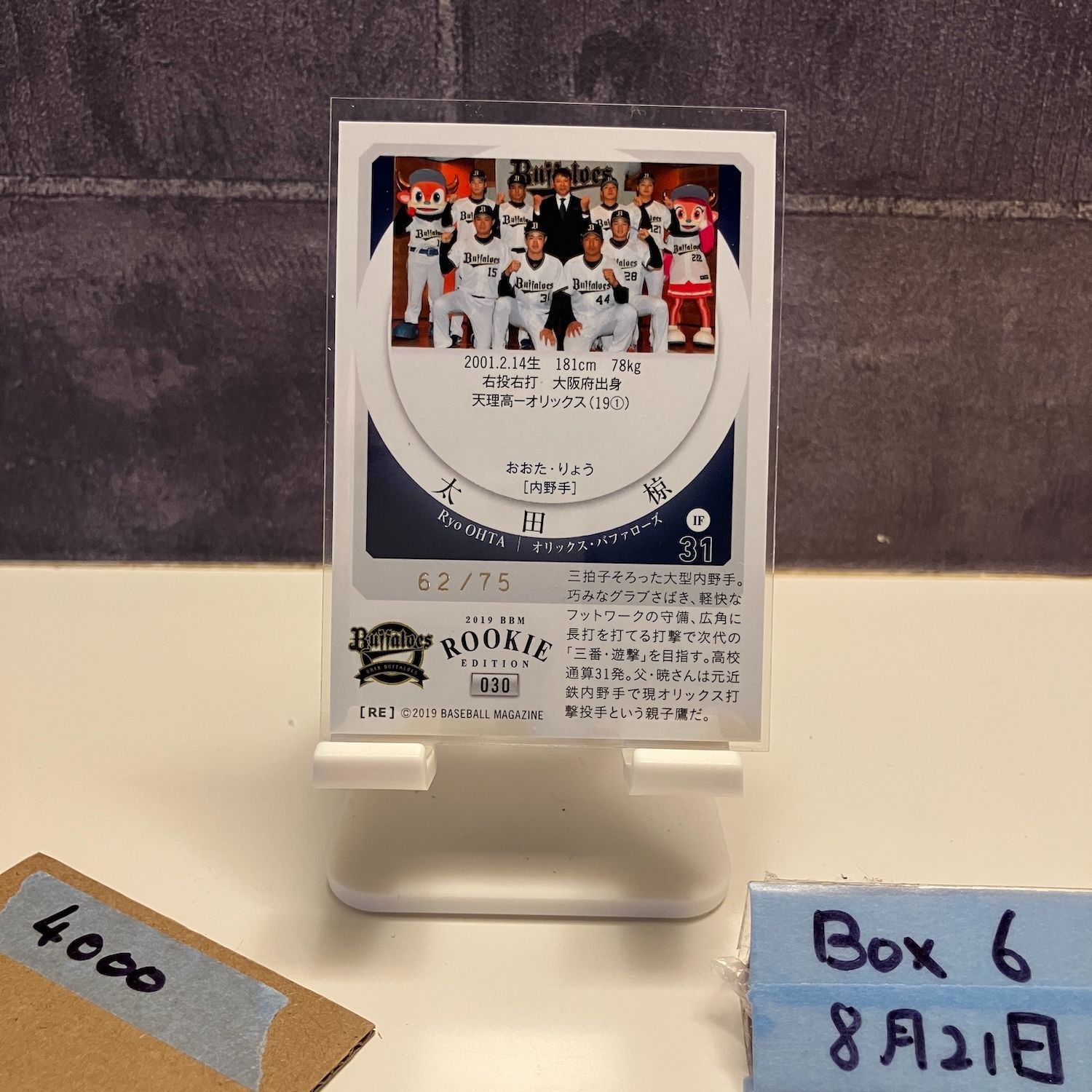 2019 BBM 太田椋 62/75 金箔サイン オリックスバファローズ RC