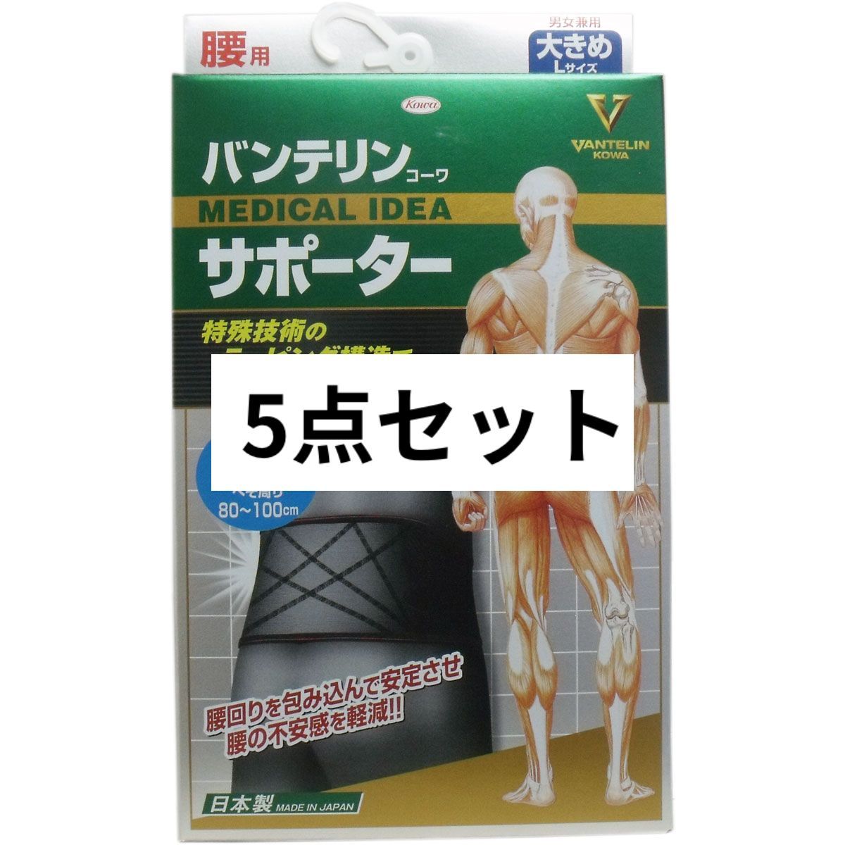 バンテリンサポーター 腰用 大きめ Lサイズ ブラック 1枚入 5点 