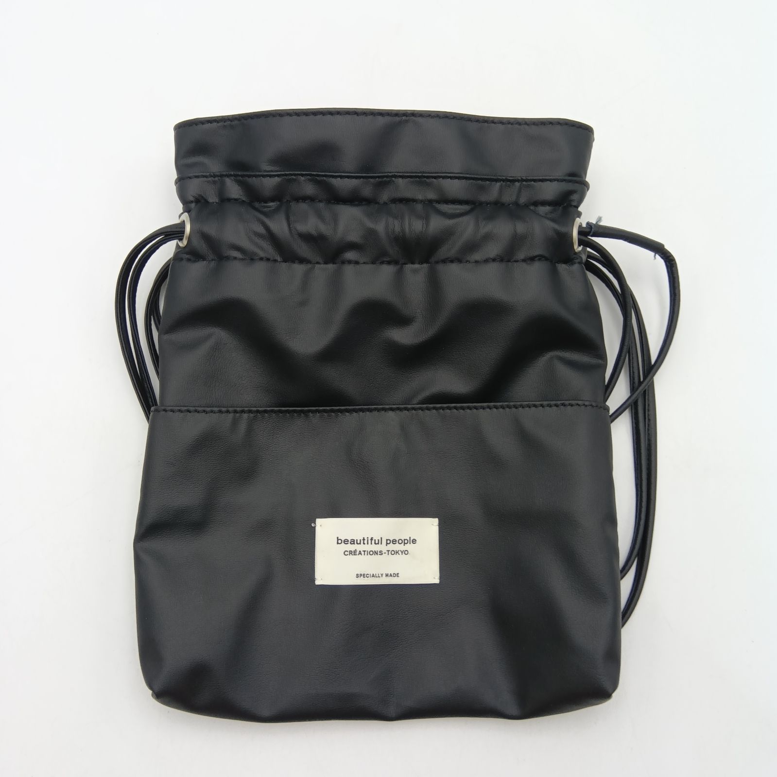 ビューティフルピープル フェイクレザー 巾着 ショルダーバッグ ブラック 鞄 中古・古着通販】beautiful people (ビューティフルピープル) 2way巾着