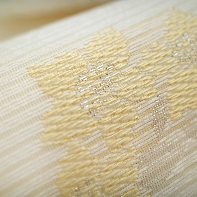 ⭐️ 新古品 夏物 名古屋帯 九寸 正絹 絽 京都 西陣 佐々木染織 オフホワイト 銀箔糸 菊 桔梗 菖蒲 萩 四季の花 絹芯仕立て 夏 セミフォーマル ～ カジュアル 夏帯 西陣織 なごや帯 仕立て上がり みやがわ sb54093