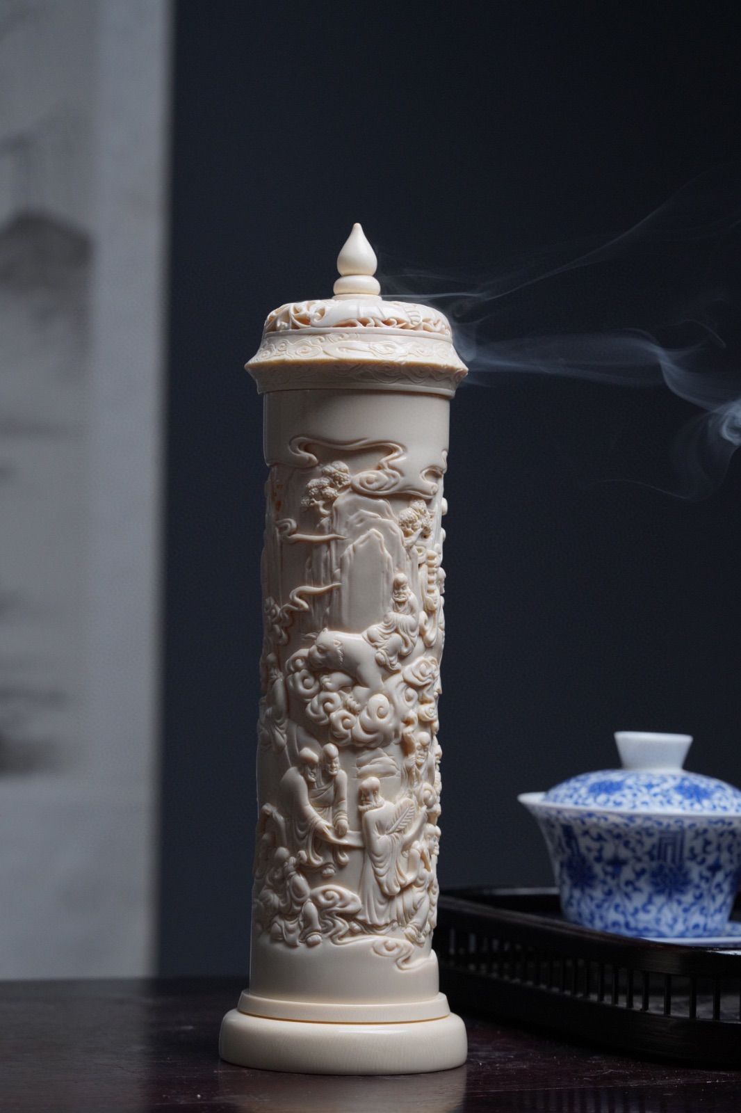 天然マンモス牙精巧な手作り彫刻十八羅漢 香筒