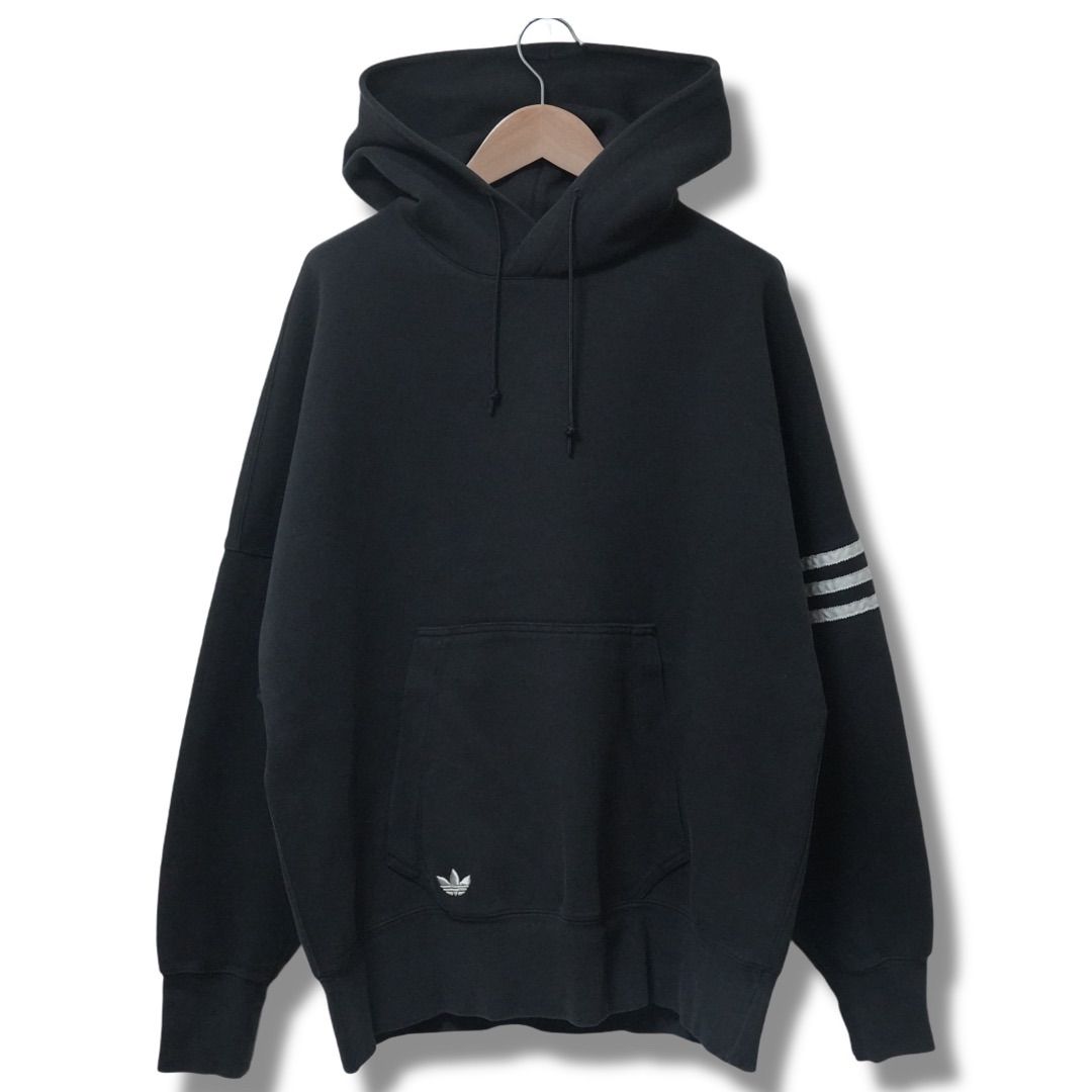 アディダス☆adidas プリントロゴ パーカー フーディー 3本ライン 古着 アディダス パーカー L ブラック 00s adidas Originals