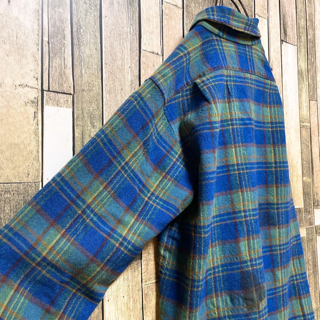 し*ん様 【美品】70s PENDLETON 青白チェック ネルシャツ 70年代当時物》ペンドルトン PENDLETON 緑青☆ネルシャツ S