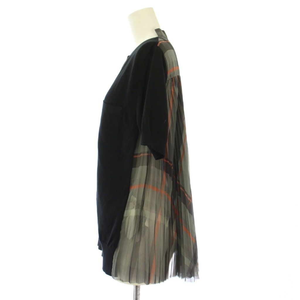 サカイ sacai Tシャツ カットソー 半袖 クルーネック プリーツ 切替 チェック柄 1 黒 ブラック グレー BB