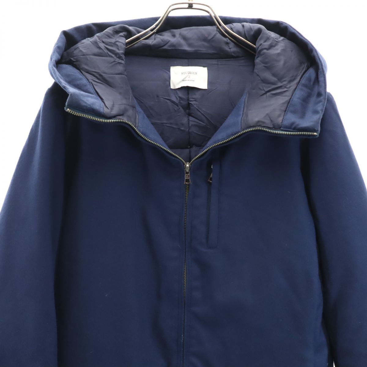 STUDIOUS ステュディオス 日本製 14AW ウールフーデット ダウンジャケット 参考価格￥45，360 ネイビー サイズ0 フード付き