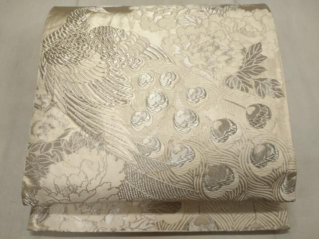 平和屋着物◎六通柄袋帯 唐織 孔雀花文 銀糸 正絹 逸品