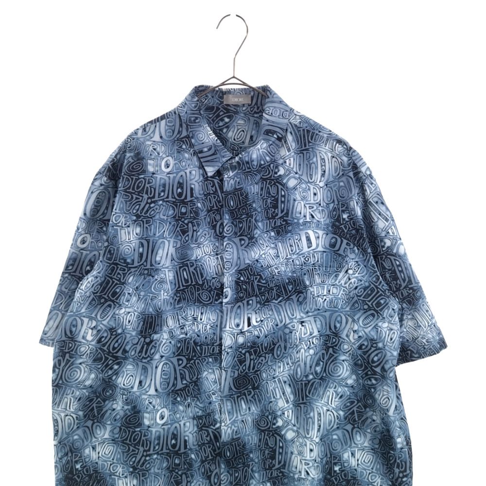 DIOR ディオール 20AW×SHAWN STUSSY ショーンステューシーコラボ ビスコース混ロゴ総柄半袖シャツ ブルー 033C514A4932 DIOR (ディオール) 20AW×SHAWN STUSSY ショーンステューシーコラボ