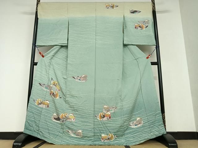 平和屋着物●訪問着 友禅 流水鴛鴦文 暈し染め 仮絵羽 正絹 AAAV7056zg