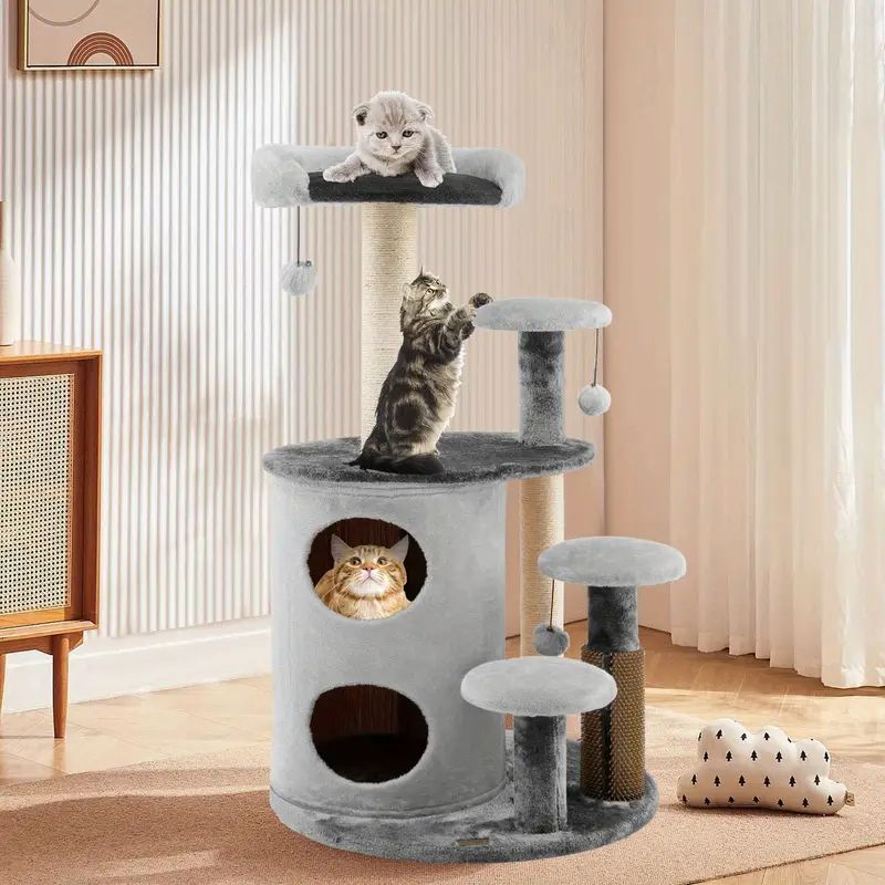 キャットタワー 多機能 大型 円柱 二段 ユニーク キャットツリー キャットハウス 猫ハウス 猫の巣 キャットベッド 爪とぎ ポール ボンボン ボール グレー 木製 据え置き 耐久性 安定 安全 運動不足解消 多頭飼い おもちゃ 小型猫 中型猫 大型猫