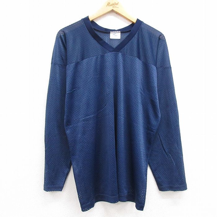 XL/古着 長袖 ビンテージ フットボール Tシャツ メンズ 80s 無地 メッシュ地 大きいサイズ Vネック 紺 ネイビー 24jun11 中古