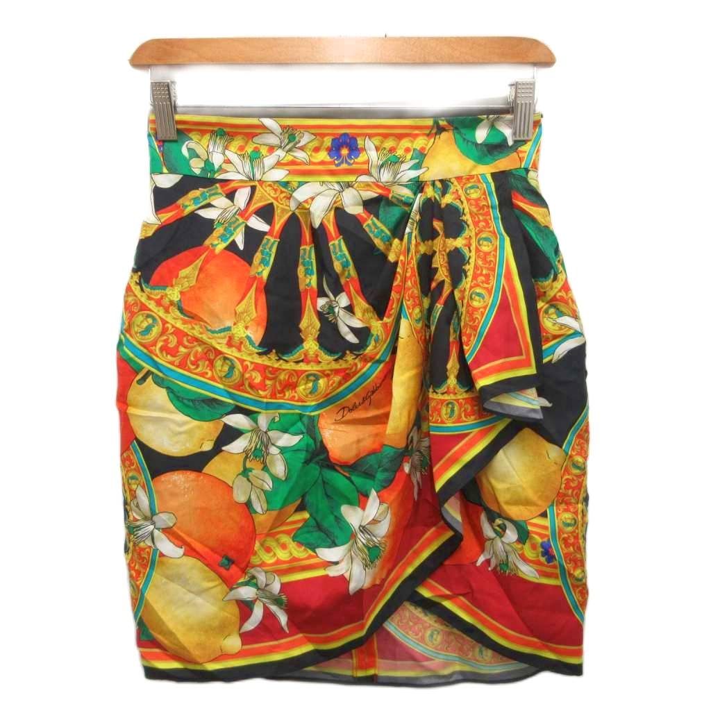 ドルチェ-ガッバーナ ドルガバ DOLCE-GABBANA フ スカート ひざ丈 総柄 フルーツ柄 絹 シルク 38 M マルチ F4P08T MET2