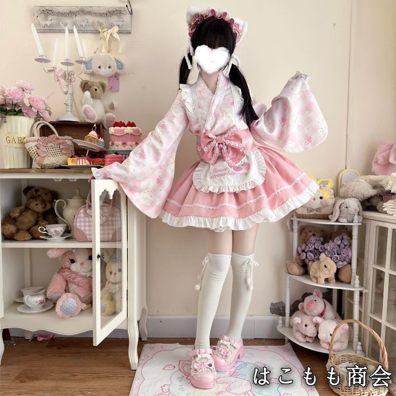 ドレスです 夏季 猫モチーフ 和風メイド改良版 ロリータ洋装 上衣＋スカート＋エプロン＋ウエストベルト 蝶結び付き 撮影用 コスプレ ロリータファッション イベント衣装 萌え系