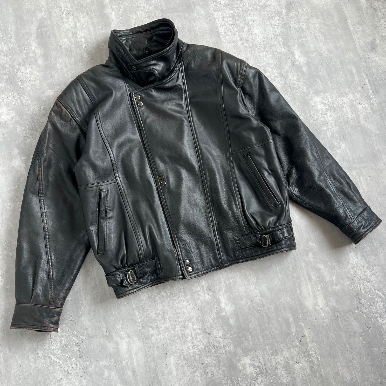80s VINTAGE 羊革 スタンドカラー ダブルライダースジャケット Mサイズ