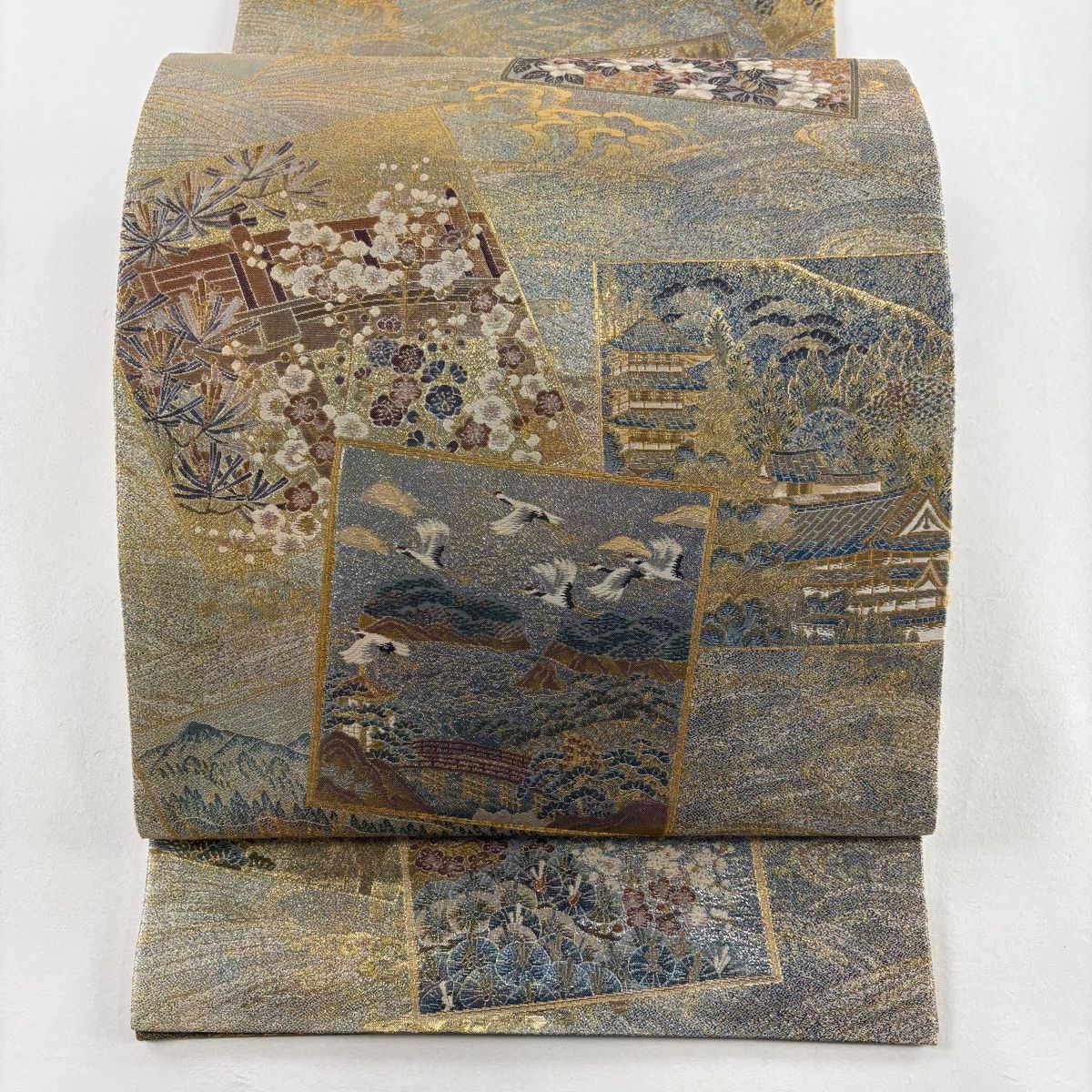 丸帯 名品 落款 色紙 草花 金糸 箔 灰緑 お太鼓柄 正絹