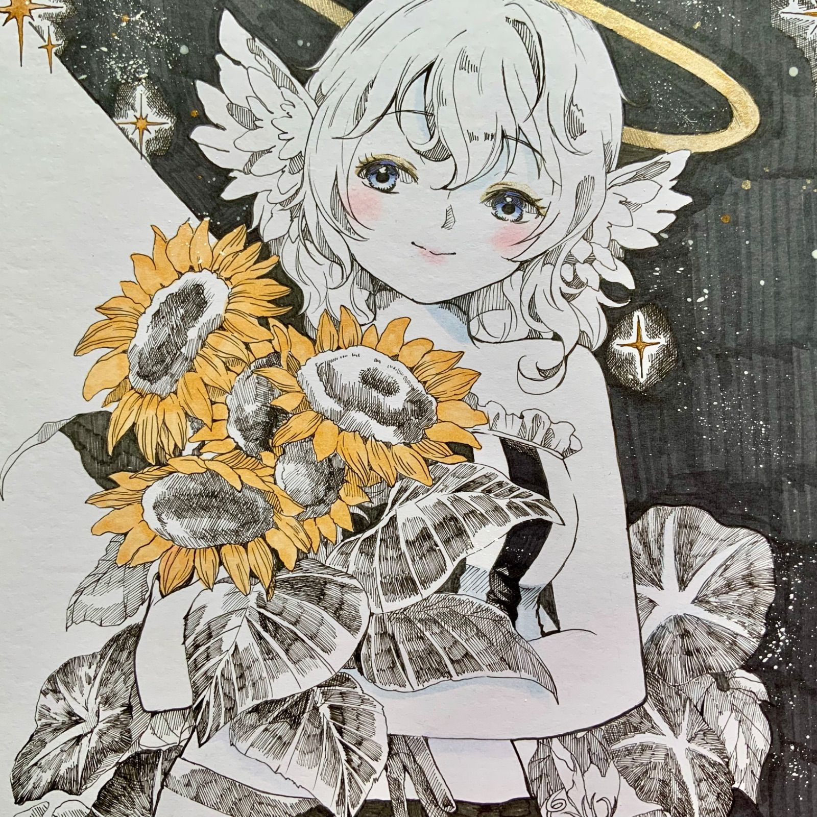 オリジナルイラスト 天使ちゃんと夏 色紙大 手描き 原画 女の子 ご覧