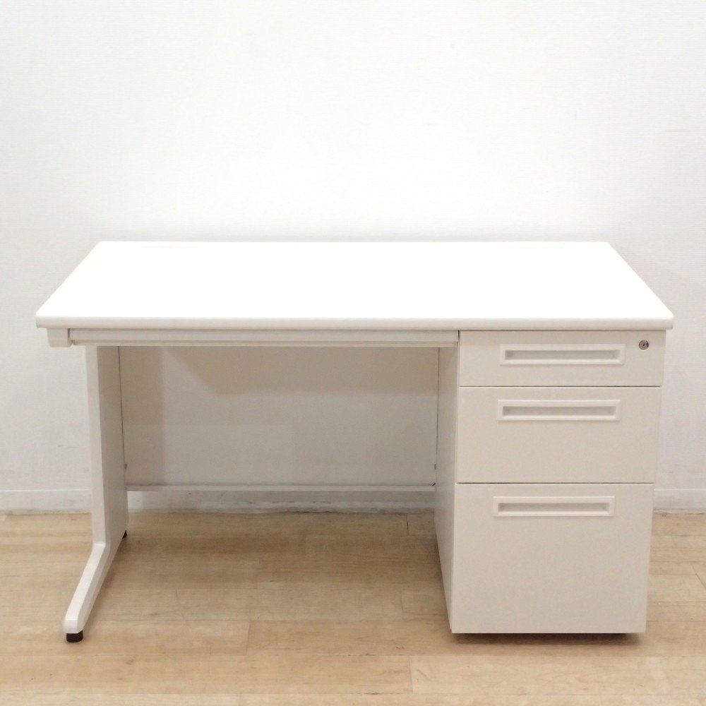 井上金庫 片袖デスク 鍵付き ホワイト 事務机 W1200 D700 H700 オフィスデスク 引き出し 収納 配線口 EG18610 オフィス家具