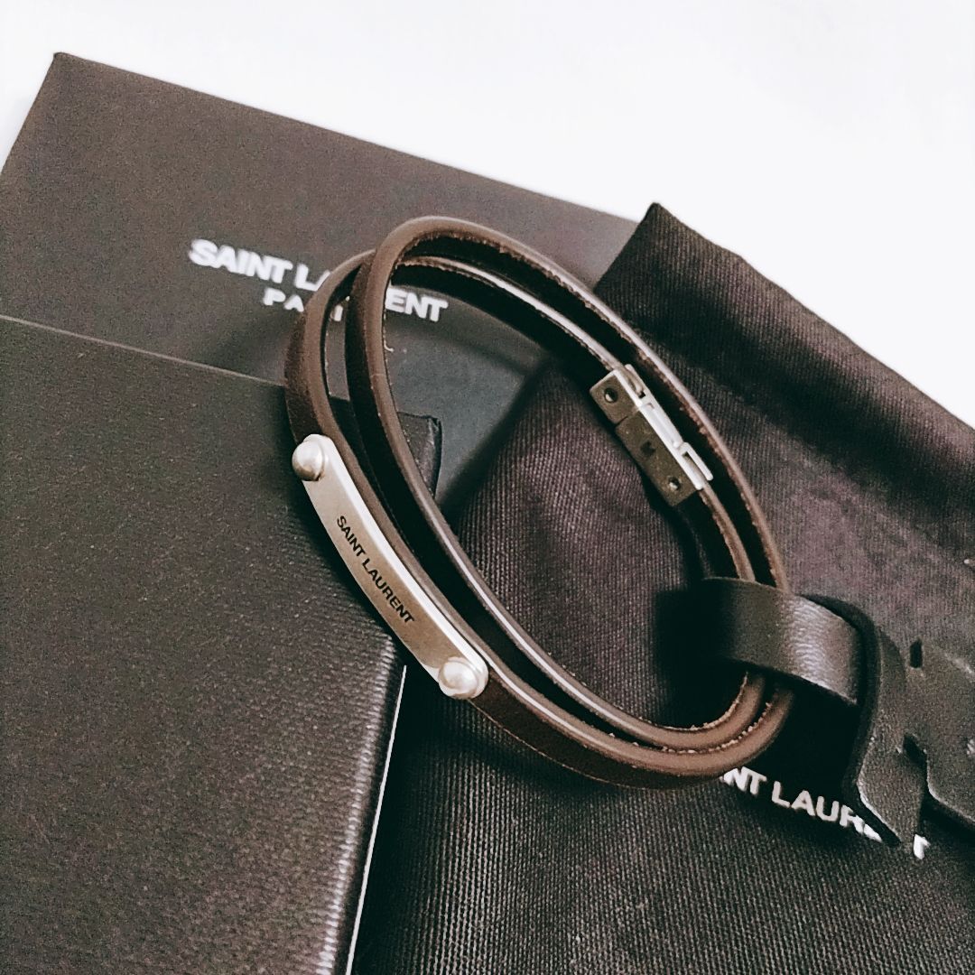 SAINT LAURENT ブラウンレザー ダブルラップID ブレスレット 新品未使用】SAINT LAURENT◇ダブルラップ IDブレスレット