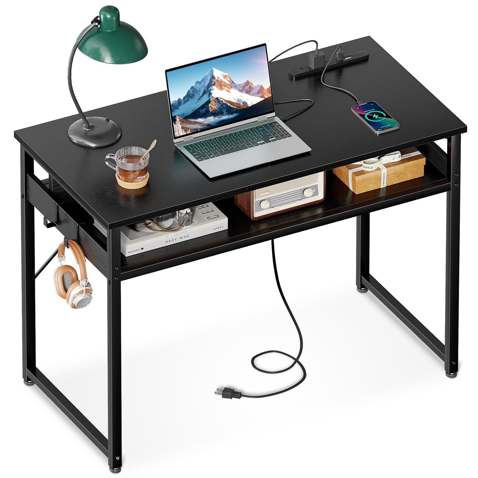 『数量限定』 フック2個付き  ワークデスク 子 コンパクト desk computer テレワーク用 勉強机 コンセント付き 省スペース 収納付き ゲーミングデスク 幅80cm 組立簡単 パソコンデスク pcデスク 黒