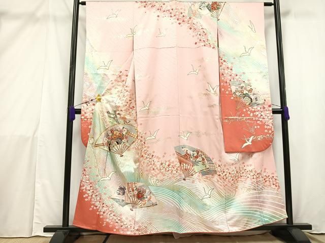 平和屋着物□豪華振袖 駒刺繍 扇面花鳥文 暈し染め 金銀彩 正絹 逸品  