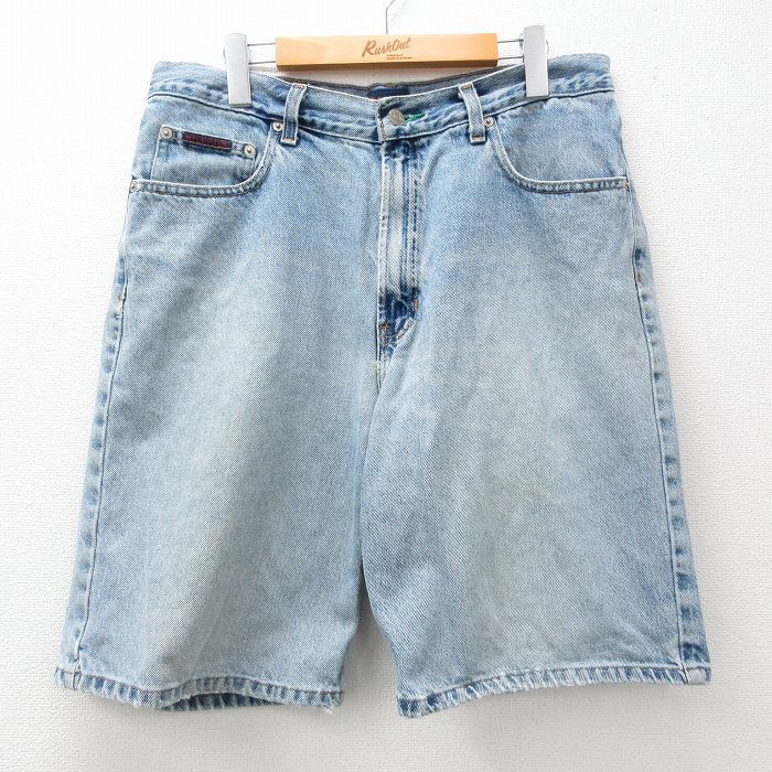 W34/古着 トミーヒルフィガー トミージーンズ ショート パンツ ショーツ メンズ ワンポイントロゴ コットン 紺 ネイビー デニム 24may18 中