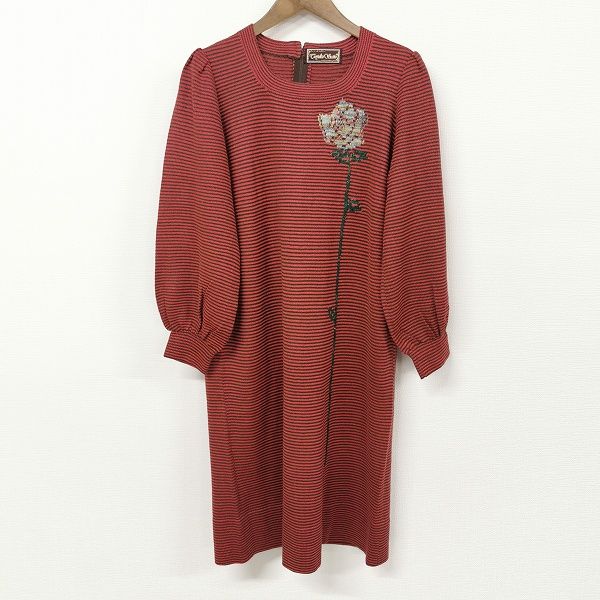 anc サイトウトヨコ 斉藤都世子 ワンピース ニット 長袖 ジップアップ ボーダー 花刺繍 フ ピンク系 緑系 レディース 966059