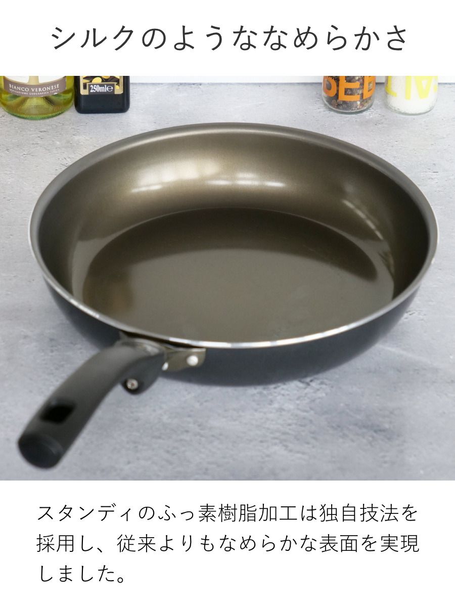 フライパン 28cm IH対応 スタンディ PFOAフリー （ ガス火対応 炒め鍋 いため鍋 金属ヘラOK ふっ素加工 28センチ フッ素コーティング アルミ製 こびりつかない 焦げ付かない 軽量 1年保証 調理用品 ）