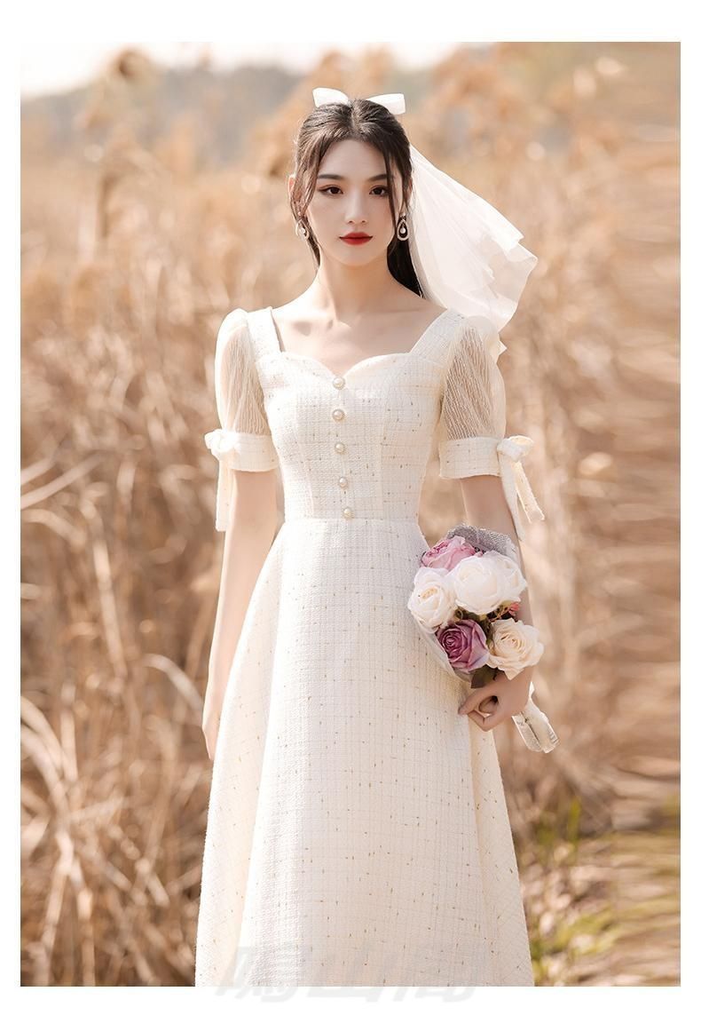 白ドレス レディース 夏 小柄向け 中長丈 Vネック パーティー 清楚系 結婚式 発表会 小礼服 Aライン 気質美人 XS-3XLWP 109