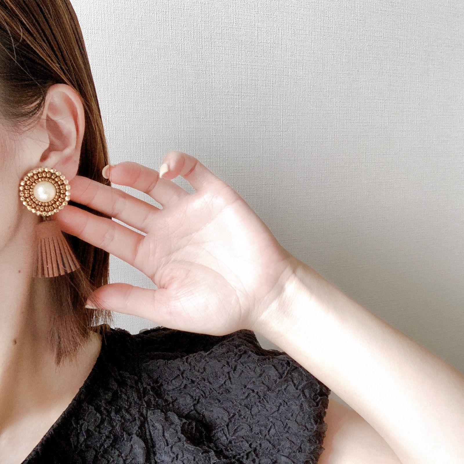 1511】パール ゴールド ビーズ刺繍 ブラウン タッセル ハンドメイド 