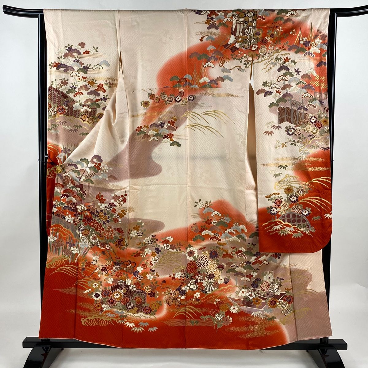 振袖 身丈159cm 裄丈63.5cm S 袷 松竹梅 花車 金彩 ぼかし 薄ピンク 正絹 秀品