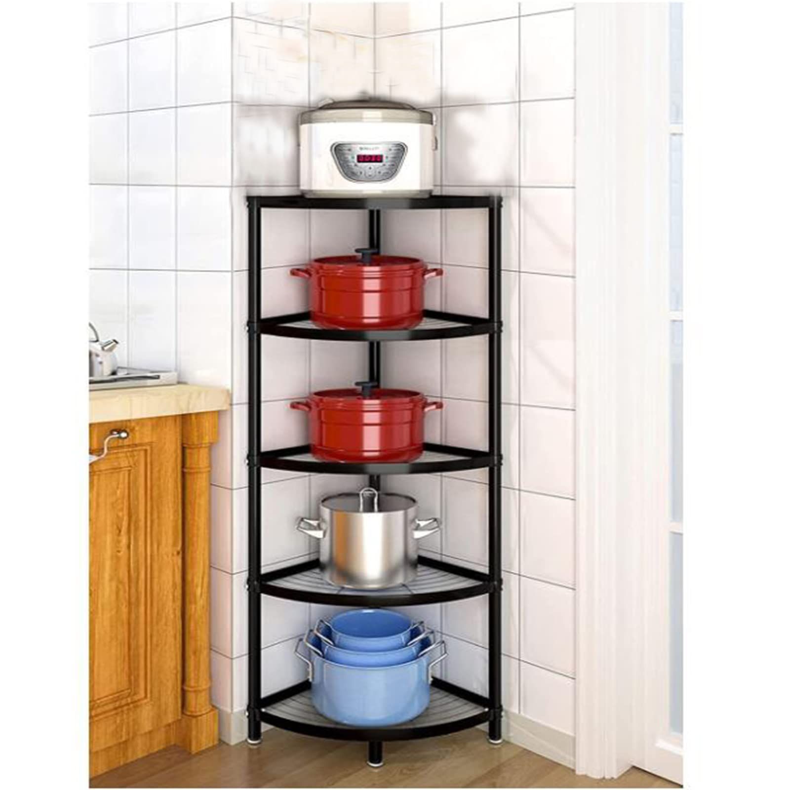 『特価』収納 ラック 炭素鋼 キッチン 角が丸い 高さ128cm キッチンシェルフ 収納ラック 幅49.5cm コーナーシェルフ 三角 多目的ラック 扇形コーナー棚 キッチン 5段 フライパンラック コーナー
