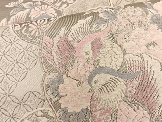 A プラチナ箔二重織 鳳凰に花々模様 銀糸 正絹 六通 袋帯 フォーマル A プラチナ箔二重織 鳳凰に花々模様 銀糸 正絹 六通 袋帯