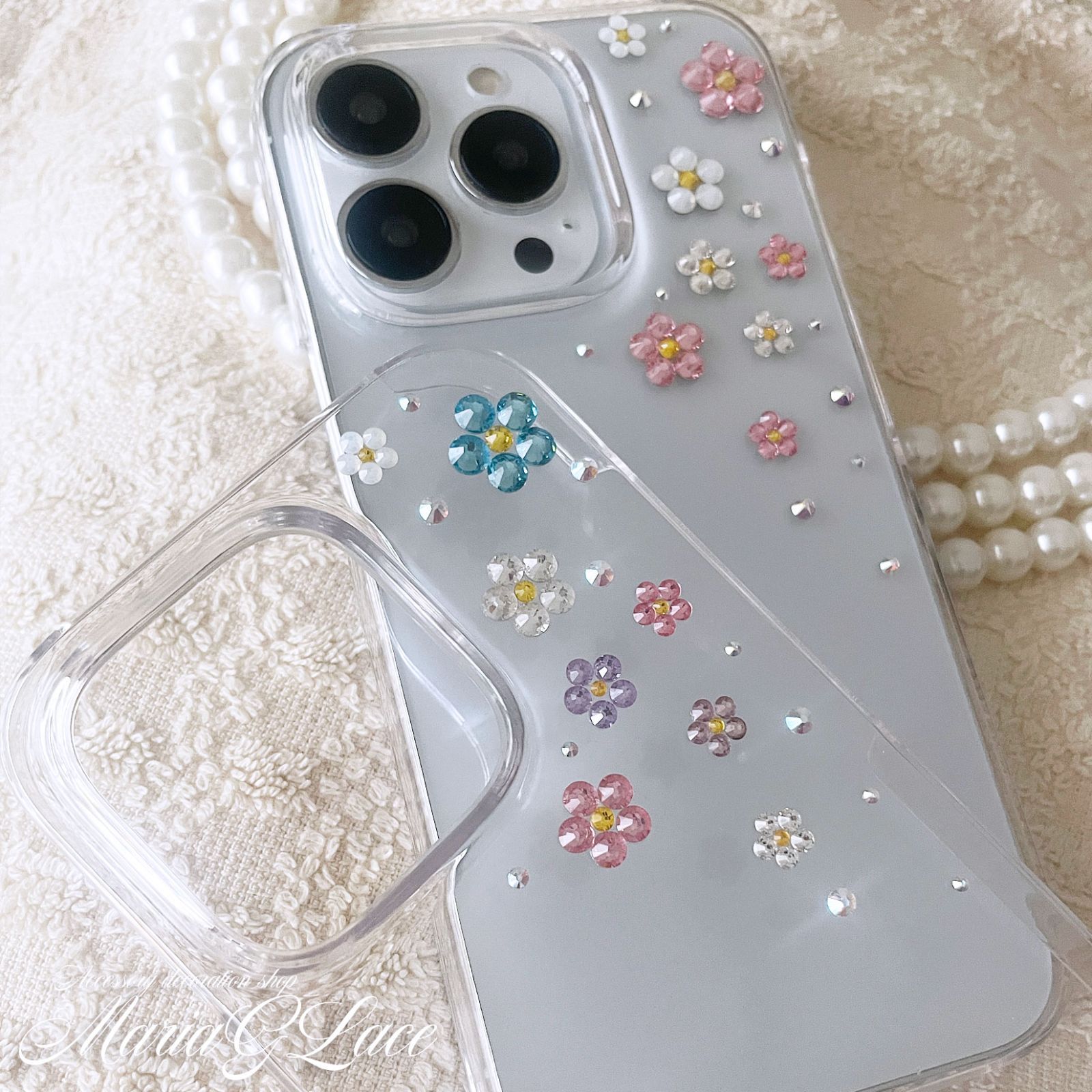 mariaglace】パステルフラワー デコスマホケース iPhone15pro iPhone15 