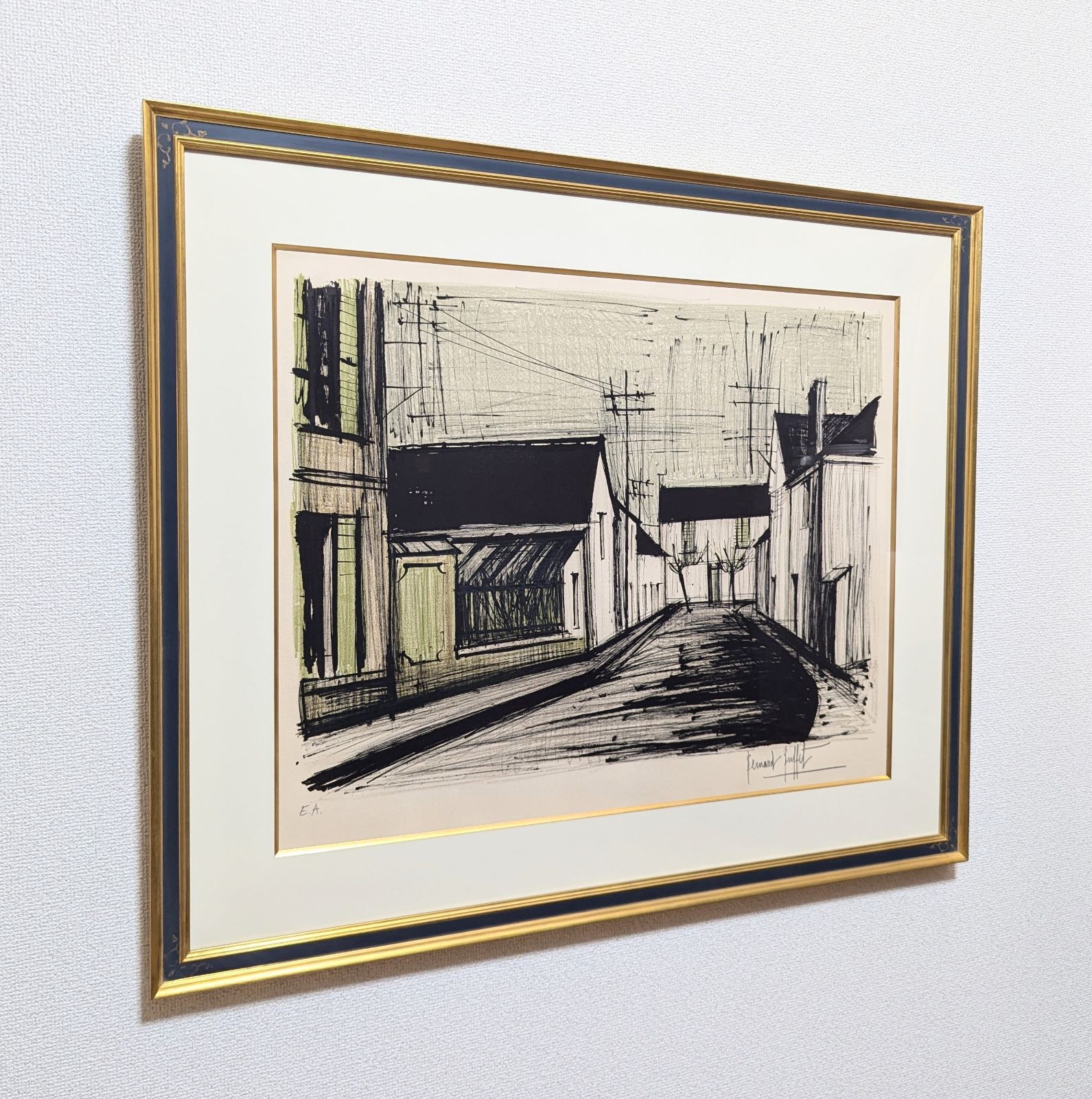 【真作】【直筆サイン】ベルナール・ビュッフェ「ブリュリアン通り」【額付】 真作】【直筆サイン】ベルナール・ビュッフェ「ブリュリアン通り」【額