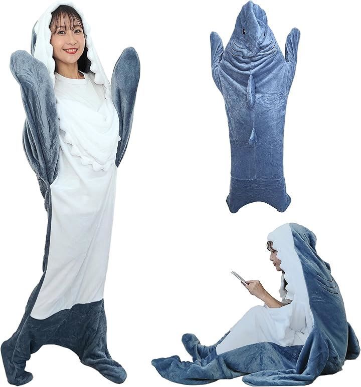 Happy mono サメ パジャマ 着る毛布 サメパジャマ 寝袋 着ぐるみ 大人 きぐるみパジャマ(グレーブルー，  XL)