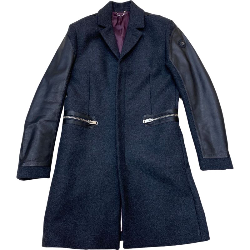 【美品✨】ディーゼル　チェスターコート　切替　異素材　ウール　ニット　レザー　黒 HERMES エルメス ラフェル 袖 レザー切替し ウールチェスターコート