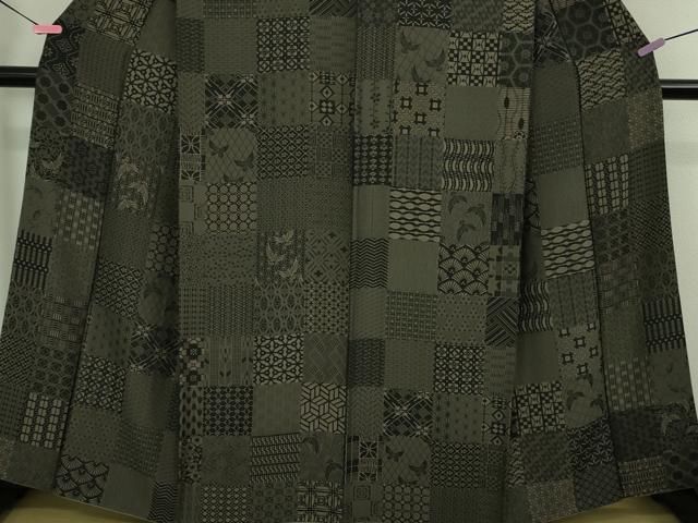 平和屋着物□極上 染色作家 斉藤三才 お召 市松 名物裂 三才鳥 黒