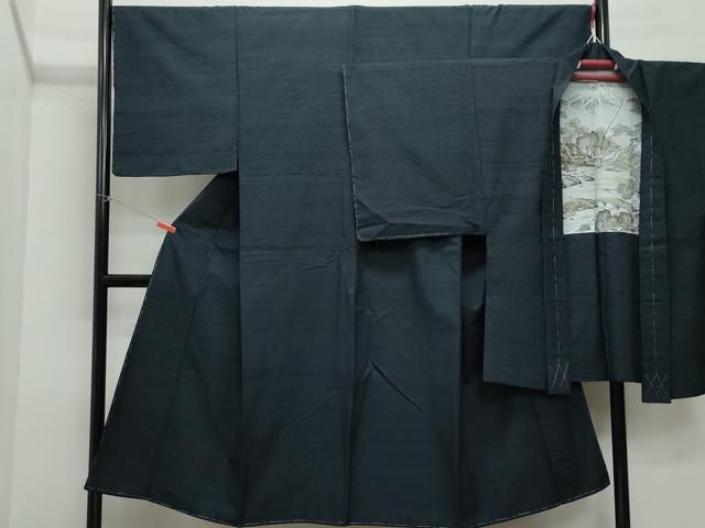 平和屋着物○男性 紬 髭紬・羽織セット 藍鉄色 正絹 逸品 CAAU9667vf
