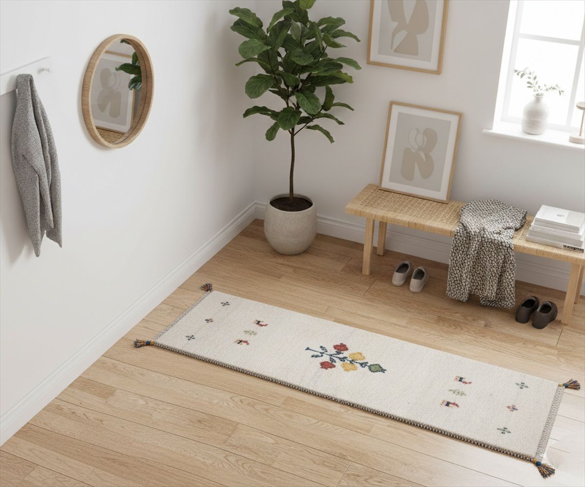 ペルシャ ギャッベ ミニランナー ラグ 118x40㎝ アイボリー 花 RJ14508