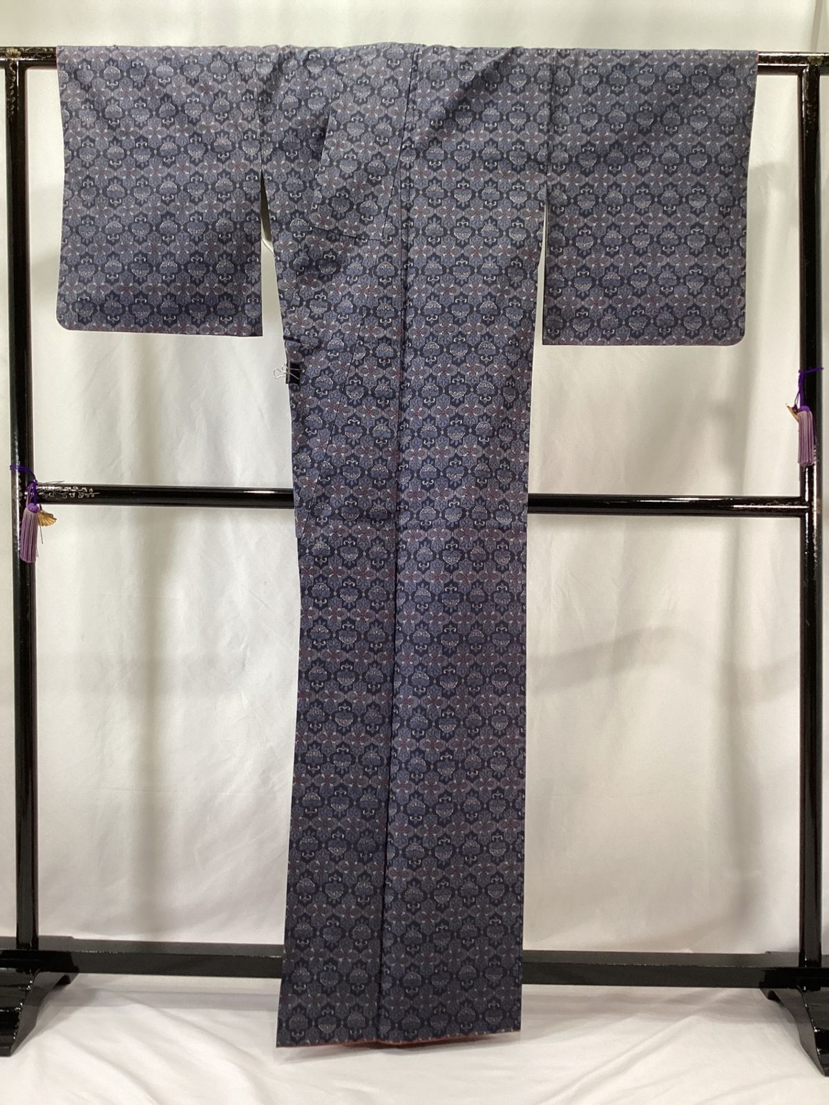 大島紬アンサンブル|着物＋道行コート| |正絹|紫×黒|仕立上がり|適応身長147～154㎝|11815