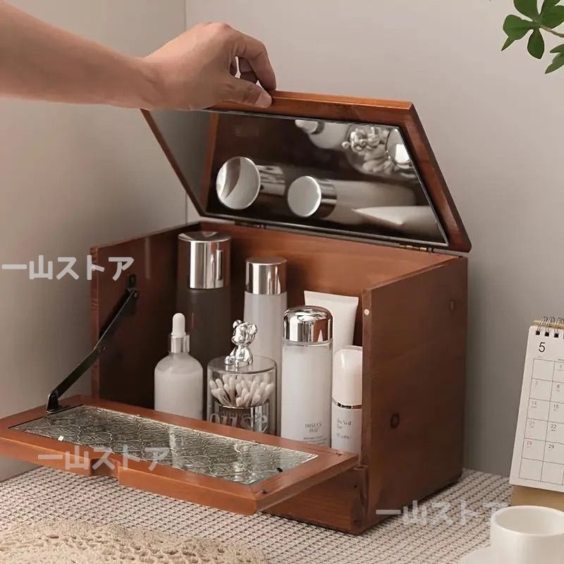 アンティーク 昭和レトロ 木製 メイクボックス 鏡付 木製 化粧品 コスメ収納箱 昭和レトロg-wood コスメボックス 化粧箱 三面鏡 木製
