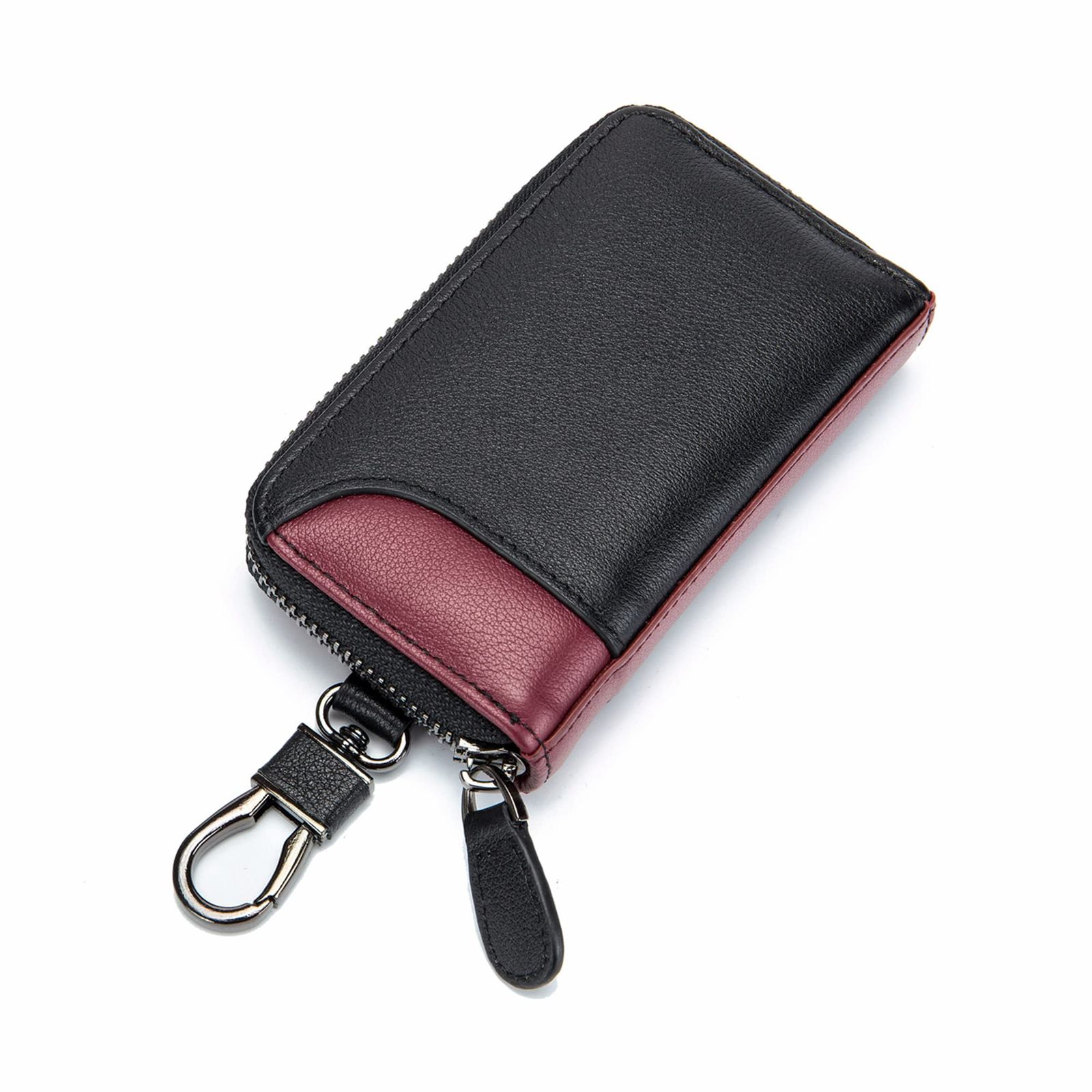 【人気商品】キーケース メンズ 本革 2つ外側ポケット 6連 パスケース 多機能 ファスナー きーけーす シンプル スマートキー 鍵ケース 一体型 カード 免許証 定期入れ カラビナ付き 大きめ 頑丈 プレゼント (ブラック/ワイン)